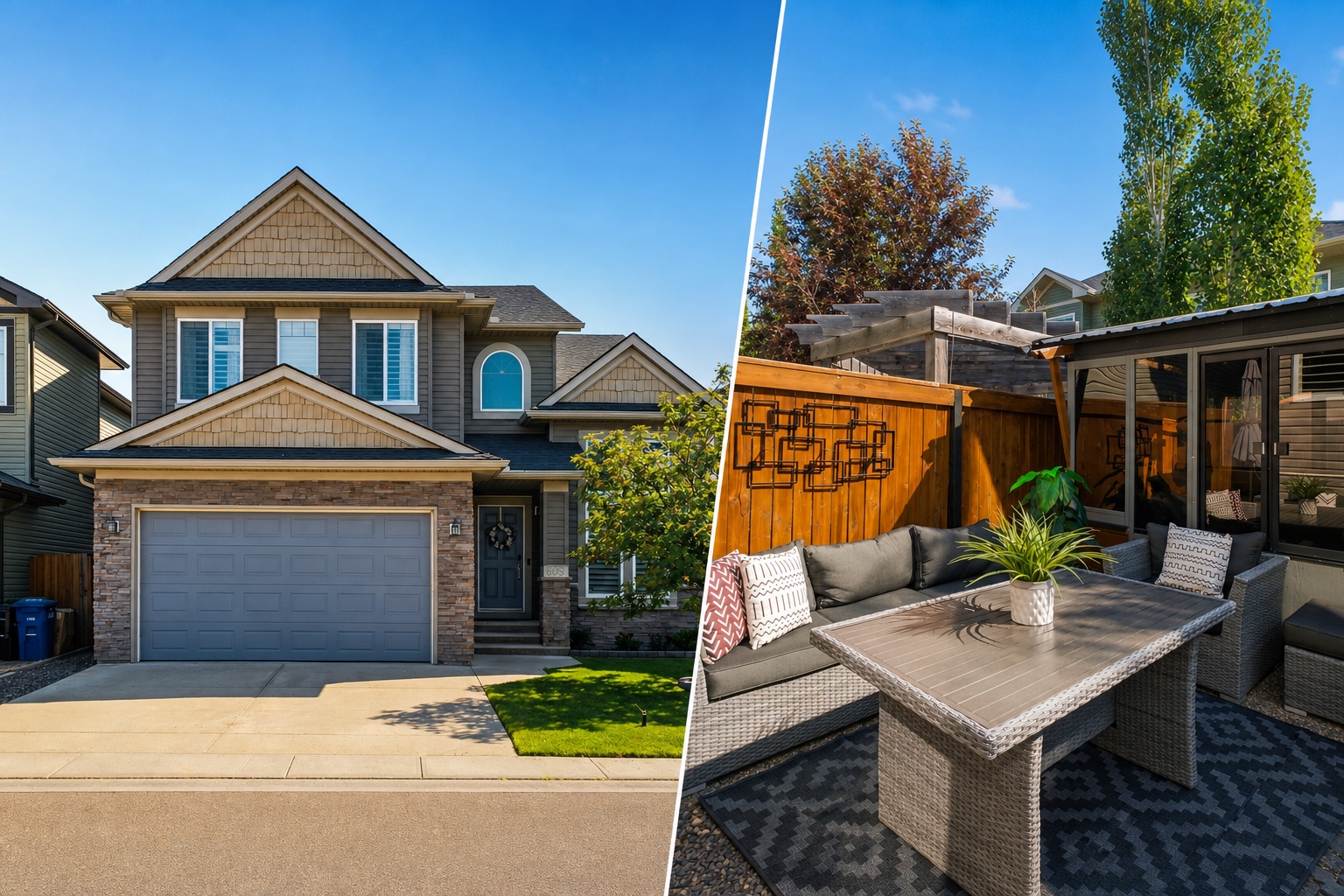 Editorial split view showing the front exterior and backyard garden with gazebo at 809 Canoe Green SW